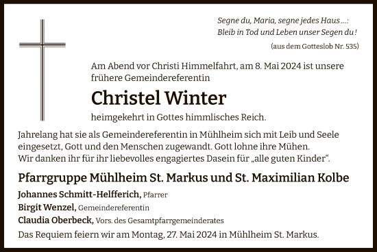 Todesanzeige von Christel Winter von OF