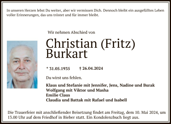 Todesanzeige von Christian Burkart von OF