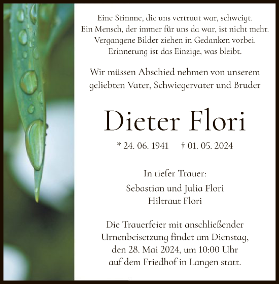 Todesanzeige von Dieter Flori von OF