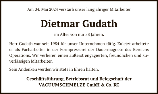 Todesanzeige von Dietmar Gudath von OF