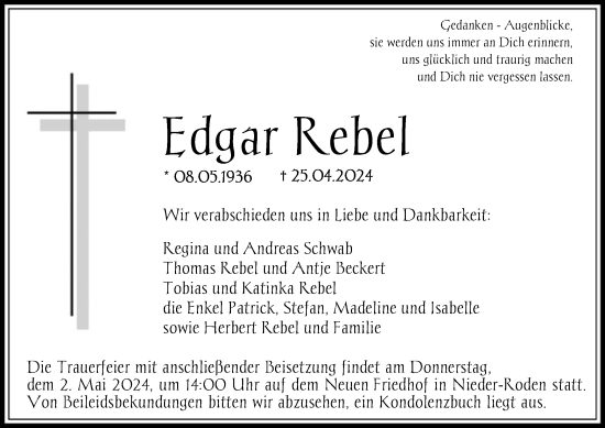 Todesanzeige von Edgar Rebel von OF