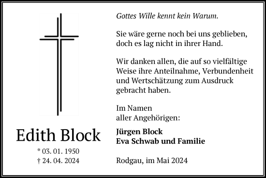 Todesanzeige von Edith Block von OF