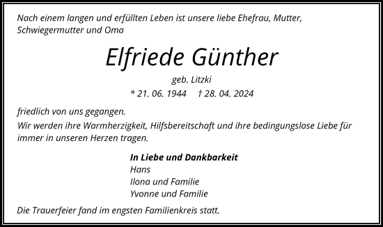 Todesanzeige von Elfriede Günther von OF
