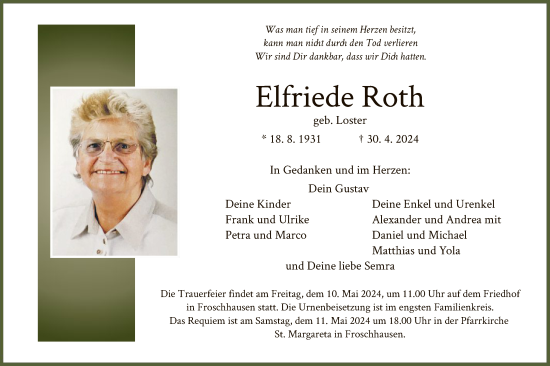 Todesanzeige von Elfriede Roth von OF