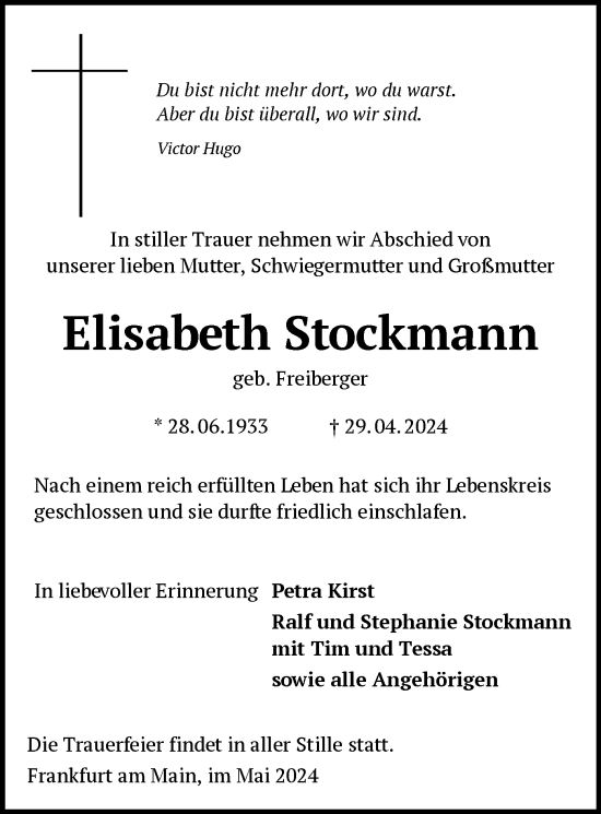 Todesanzeige von Elisabeth Stockmann von OF