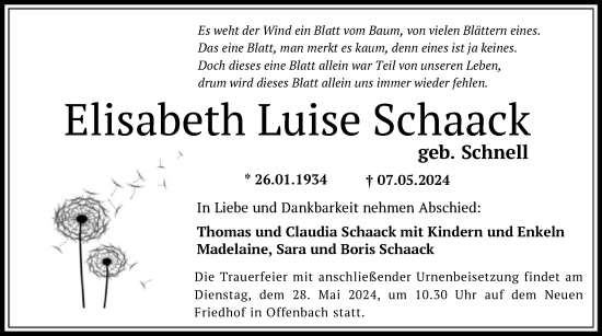 Todesanzeige von Elisabeth Luise Schaack von OF