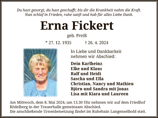 Todesanzeige von Erna Fickert von OF