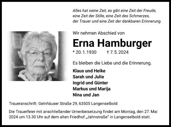 Todesanzeige von Erna Hamburger von OF