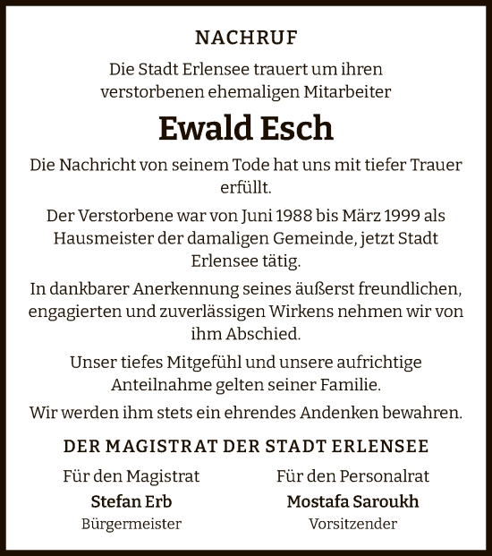 Todesanzeige von Ewald Esch von OF