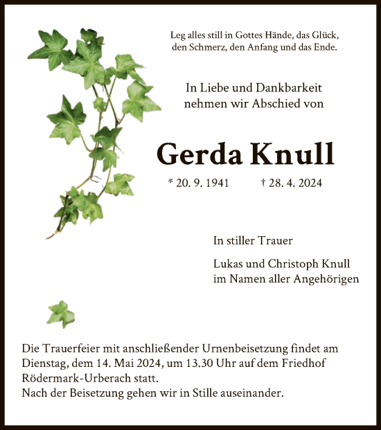 Todesanzeige von Gerda Knull von OF