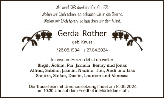 Todesanzeige von Gerda Rother von OF