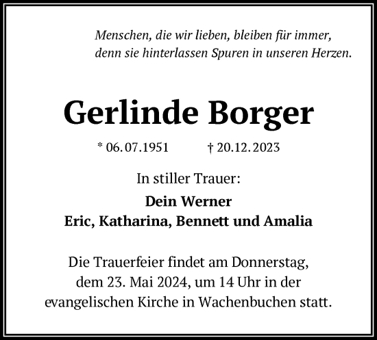 Todesanzeige von Gerlinde Borger von OF