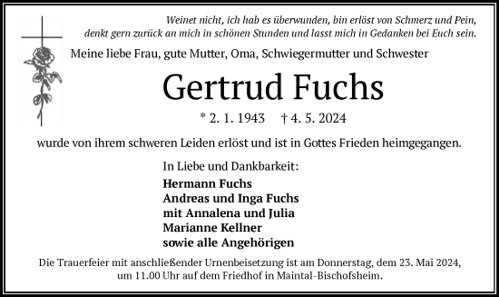 Todesanzeige von Gertrud Fuchs von OF