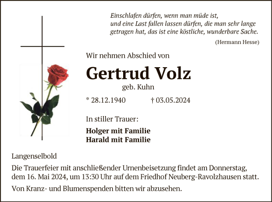 Todesanzeige von Gertrud Volz von OF