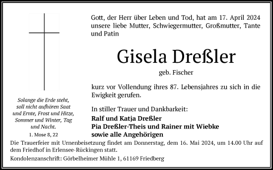 Todesanzeige von Gisela Dreßler von OF