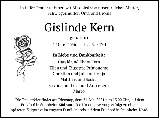 Todesanzeige von Gislinde Kern von OF