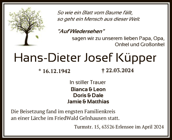 Todesanzeige von Hans-Dieter Josef Küpper von OF