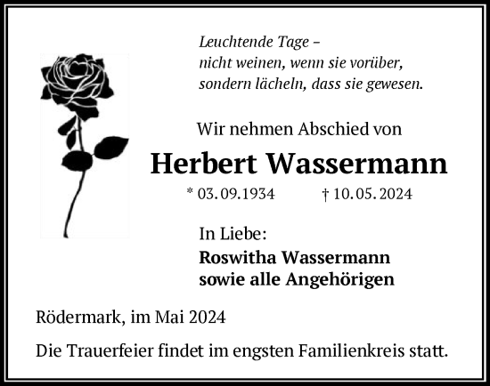 Todesanzeige von Herbert Wassermann von OF