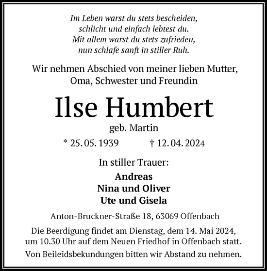Todesanzeige von Ilse Humbert von OF