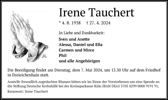 Todesanzeige von Irene Tauchert von OF