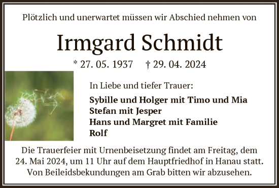 Todesanzeige von Irmgard Schmidt von OF