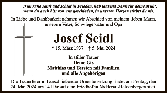 Todesanzeige von Josef Seidl von OF
