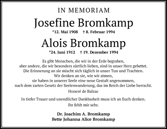 Todesanzeige von Josefine und Alois Bromkamp von OF