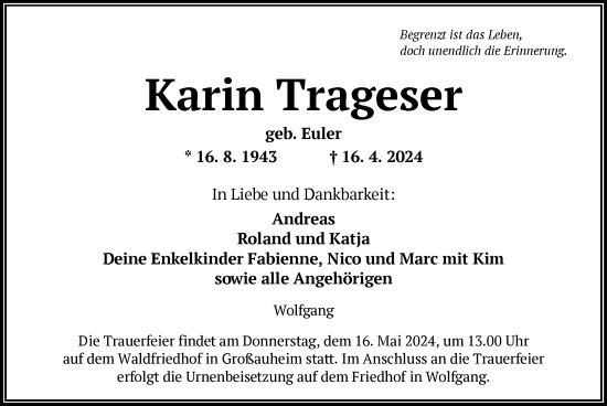 Todesanzeige von Karin Trageser von OF