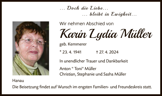 Todesanzeige von Karin Lydia Müller von OF