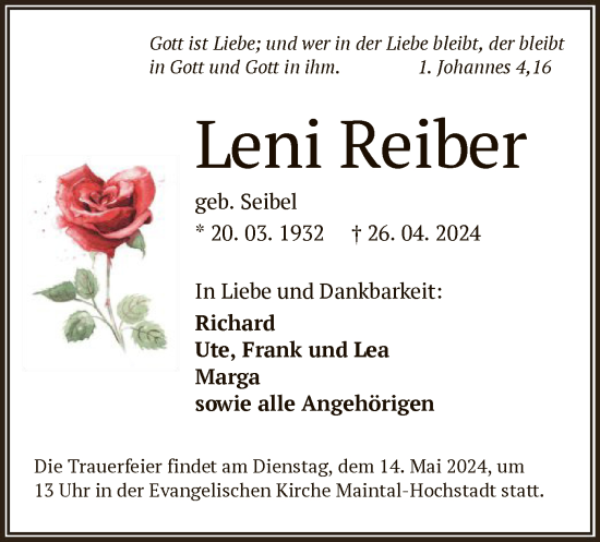 Todesanzeige von Leni Reiber von OF