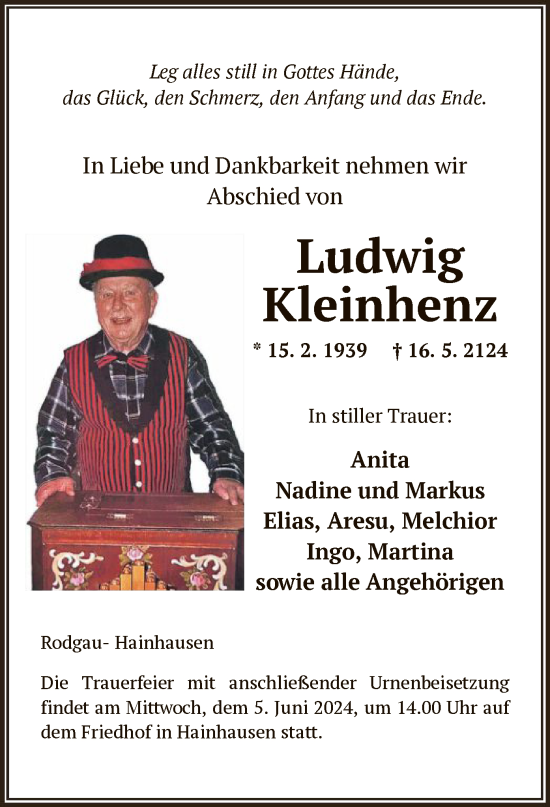 Todesanzeige von Ludwig Kleinhenz von OF