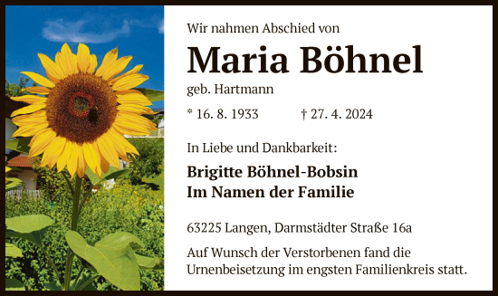 Todesanzeige von Maria Böhnel von OF
