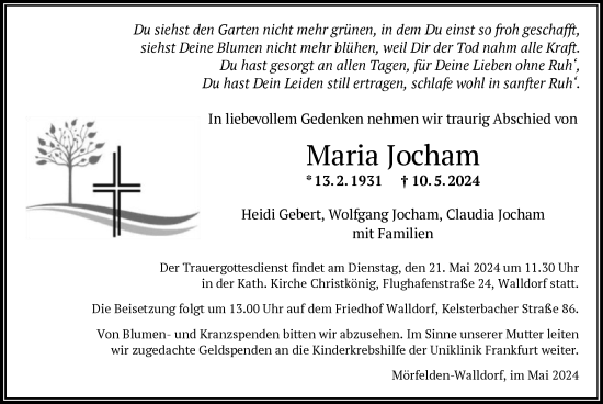 Todesanzeige von Maria Jocham von OF