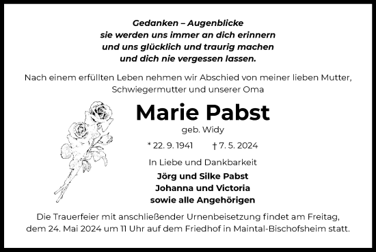 Todesanzeige von Marie Pabst von OF