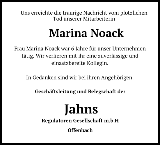 Todesanzeige von Marina Noack von OFOF