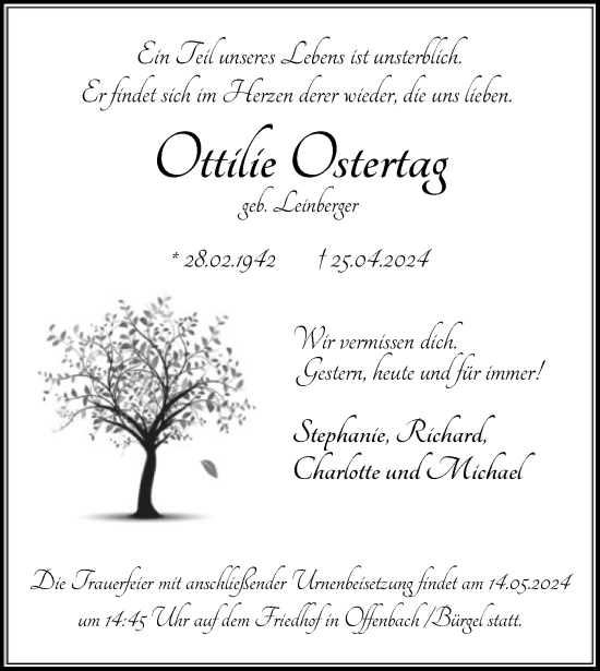 Todesanzeige von Ottilie Ostertag von OF