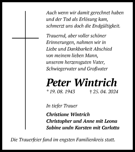 Todesanzeige von Peter Wintrich von OF