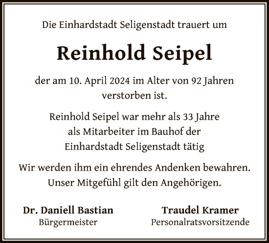 Todesanzeige von Reinhold Seipel von OF