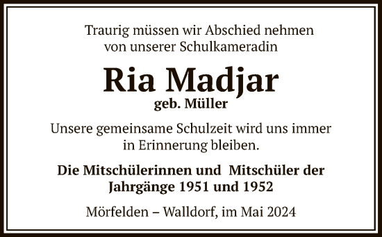 Todesanzeige von Ria Madjar von OF