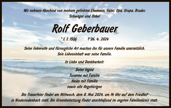 Todesanzeige von Rolf Geberbauer von OF