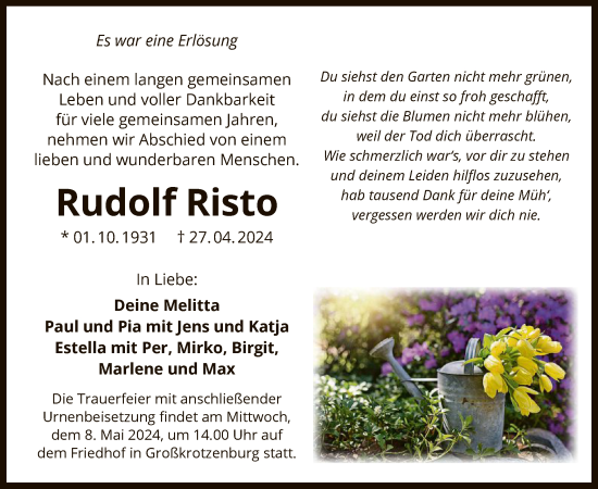 Todesanzeige von Rudolf Risto von OF