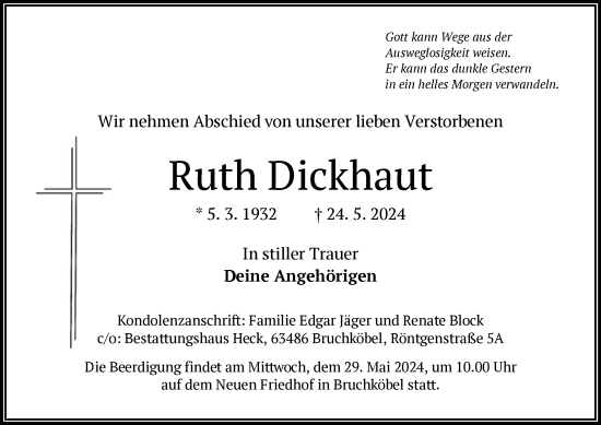 Todesanzeige von Ruth Dickhaut von OF