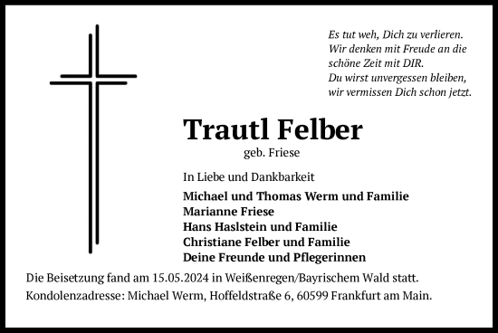 Todesanzeige von Trautl Felber von OF