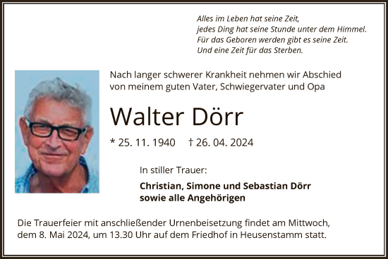 Todesanzeige von Walter Dörr von OF