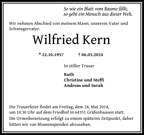Todesanzeige von Wilfried Kern von OF