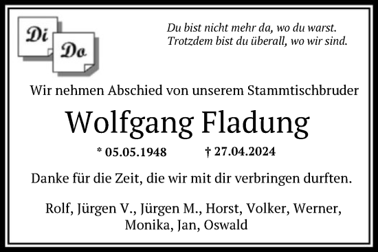 Todesanzeige von Wolfgang Fladung von OF