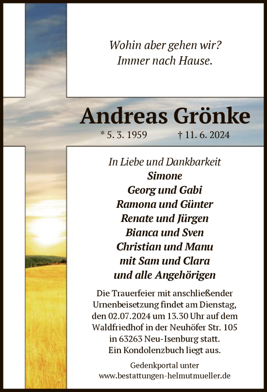 Todesanzeige von Andreas Grönke von OF