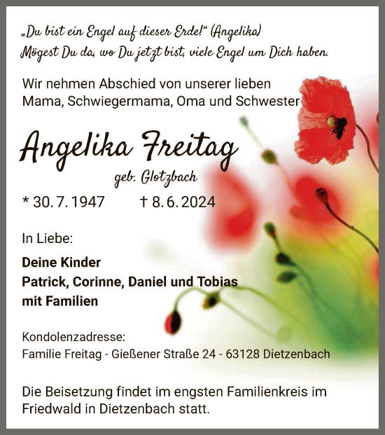 Todesanzeige von Angelika Freitag von OF