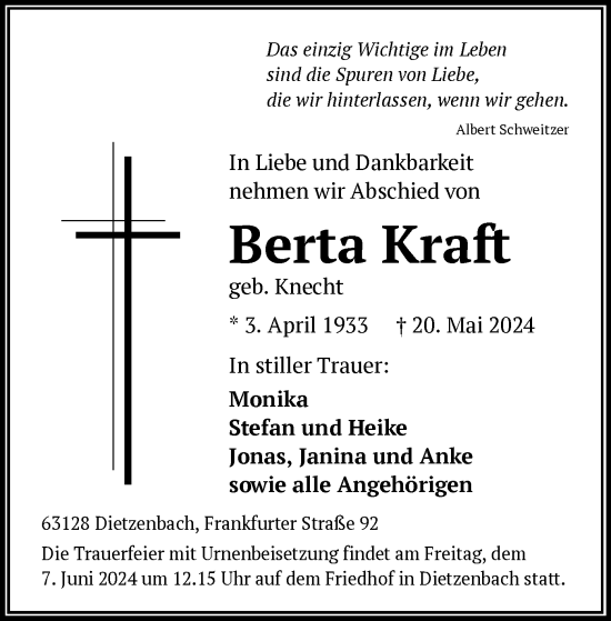 Todesanzeige von Berta Kraft von OF