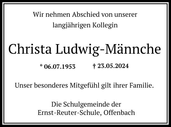 Todesanzeige von Christa Ludwig-Männche von OF